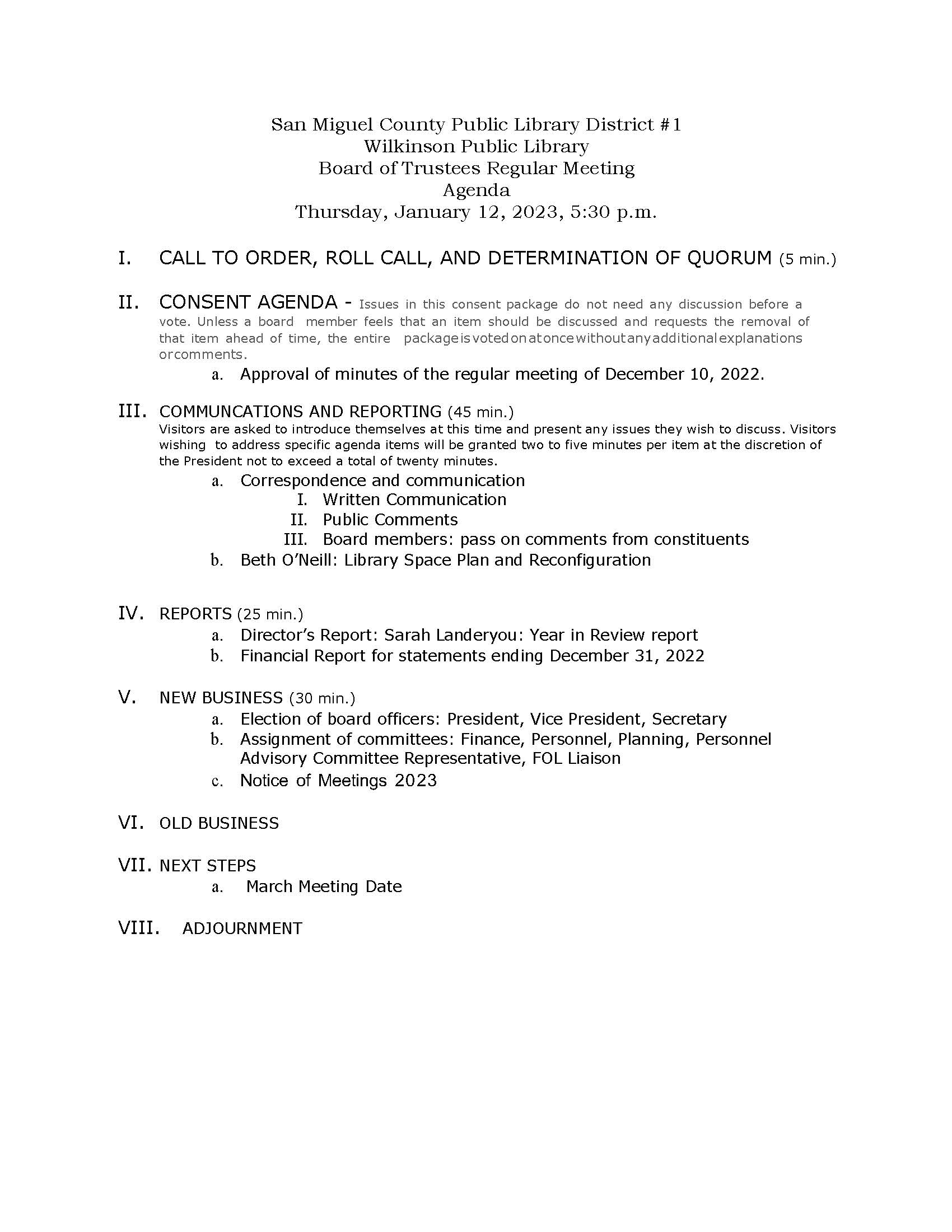 board meeting agenda for January 12 meeting