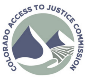 CO Access to Justice Commission logo, with 2 purple mountains on a green background