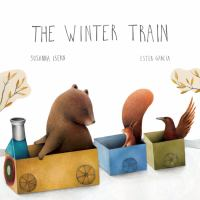 book cover illustration showing a bear, a squirrel and a bird in a cardboard train.