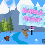 poster with mountains and a sign that says Bubble-ology