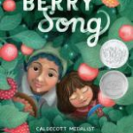 Book cover illustration for Berry Song, with two people peeking up through a field of strawberries
