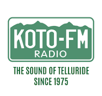 Logo of KOTO-FM Radio, featuring mountains and the tagline "The Sound of Telluride Since 1975" in green and white.