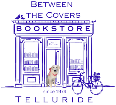 Between the covers logo, with a sketch of the storefront and a photo of a yellow lab