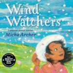 Cuadro de una niña en un campo ventoso, con pétalos ondeando a su alrededor.