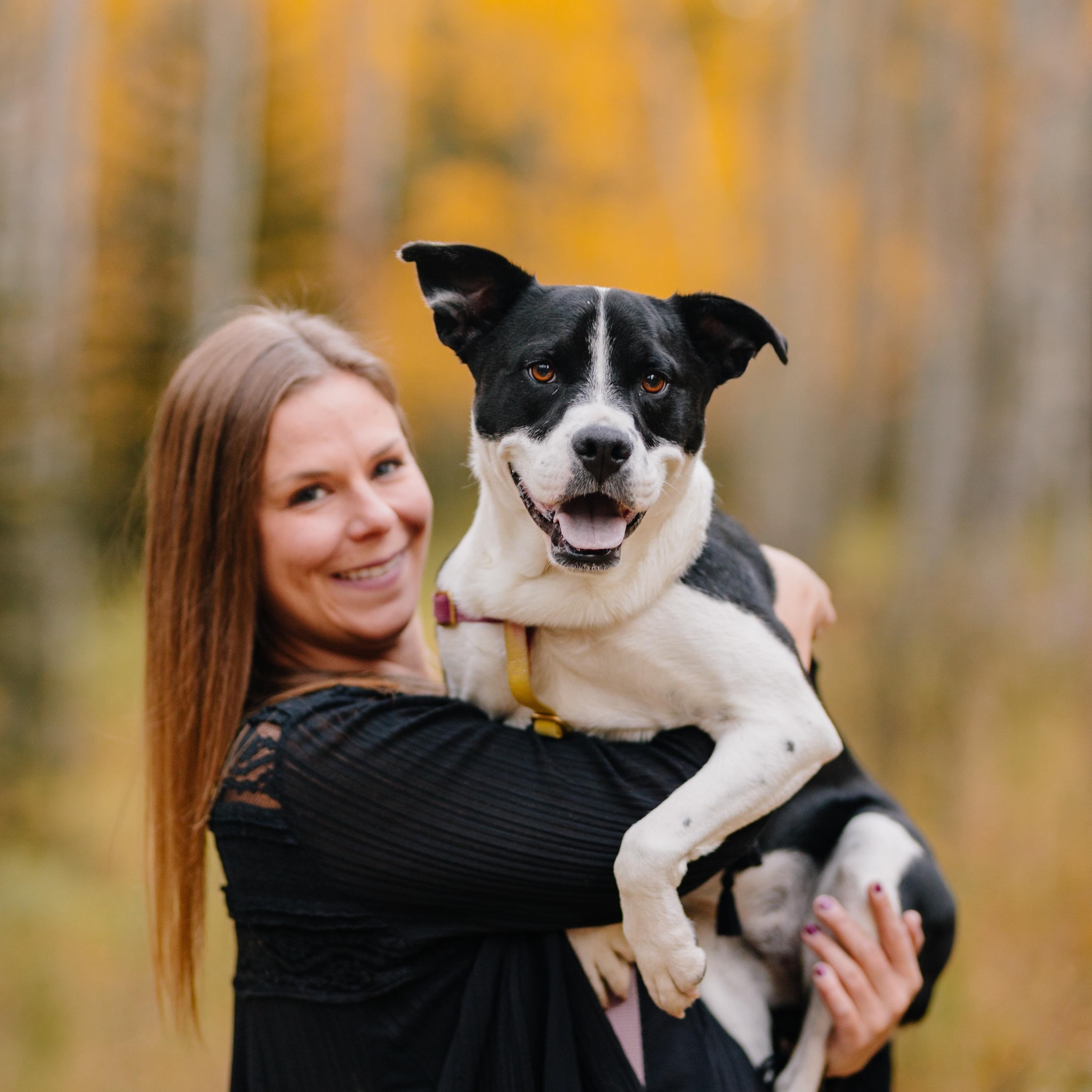 Photo of FOL Board Member Liz Gertz holding a dog in front of yellow aspen trees