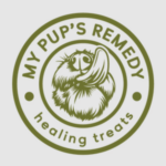My Pup’s Remedy healing treats logo featuring olive-green circular badge design with fluffy dog illustration and pet wellness branding on a light background.